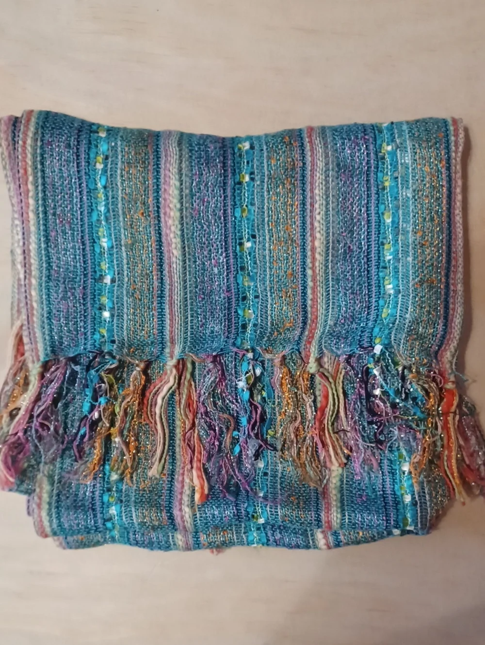 Boho Striped Fringe Scarf Shawl Wrap 72×20 Textured Open Knit Blue Pink Sparkle